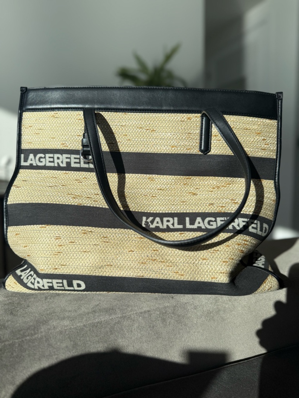 Karl Lagerfeld Natural & Black Striped Straw Tote